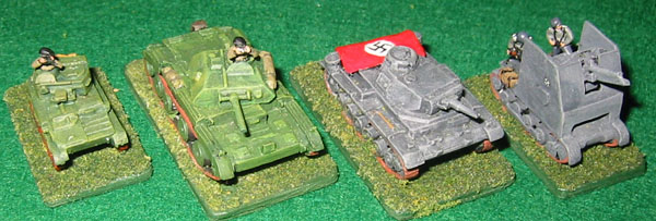 Minifigs British Mk VI Light tank, A13 Cruiser German Pz III and converted sIG33 auf Pz I